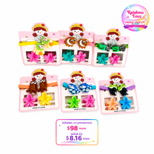 Docena ( 12 Cartoncitos) de Pinzas Flor y Broche Personaje para el cabello. Cada Juego contiene 4 piezas.