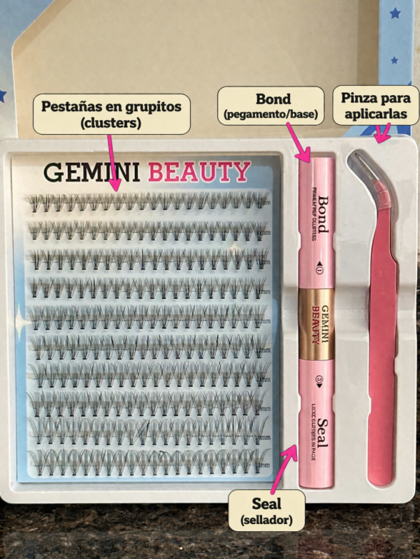 Set de Pestañas 1x1 en Grupitos GEMINI BEAUTY. ¿Qué incluye el kit? Pestañas en grupitos, Pegamento/Base, Sellador y Pinza para Aplicarlas. - Imagen 2