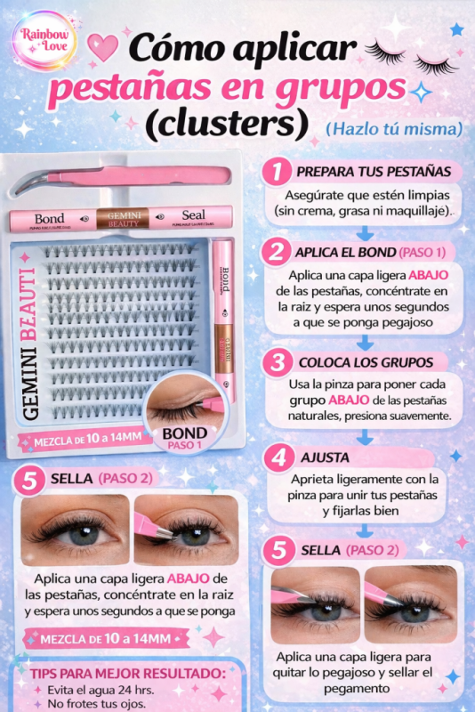 Set de Pestañas 1x1 en Grupitos GEMINI BEAUTY. ¿Qué incluye el kit? Pestañas en grupitos, Pegamento/Base, Sellador y Pinza para Aplicarlas. - Imagen 3
