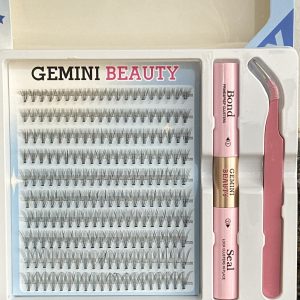 Set de Pestañas 1x1 en Grupitos GEMINI BEAUTY. ¿Qué incluye el kit? Pestañas en grupitos, Pegamento/Base, Sellador y Pinza para Aplicarlas.