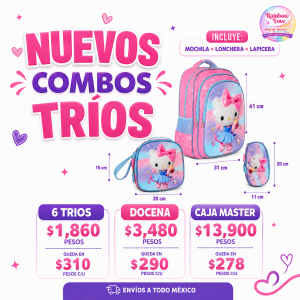 CAJA MASTER CON 50 COMBO TRÍO MOCHILA, LONCHERA, LAPICERA