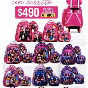 6 pack. 6 COMBO TRÍO con carrito. Mochila, Lonchera, Lapicera y Carrito.