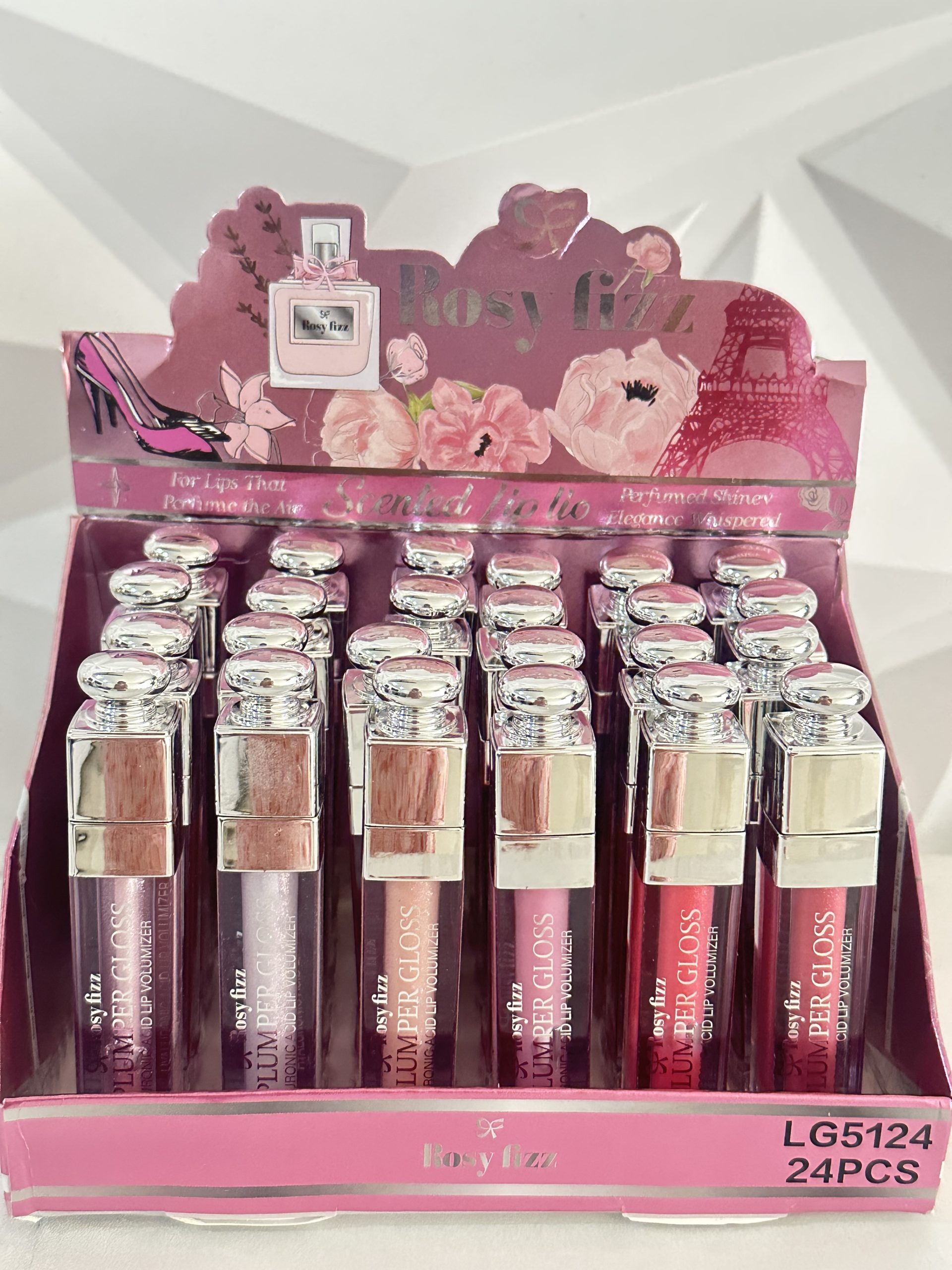 Caja con 24 LipGloss Voluminizador con Ácido Hialuronico Tipo DIOR. Brillo intenso, Efecto volumen, Máxima Hidratación y Humectacion.