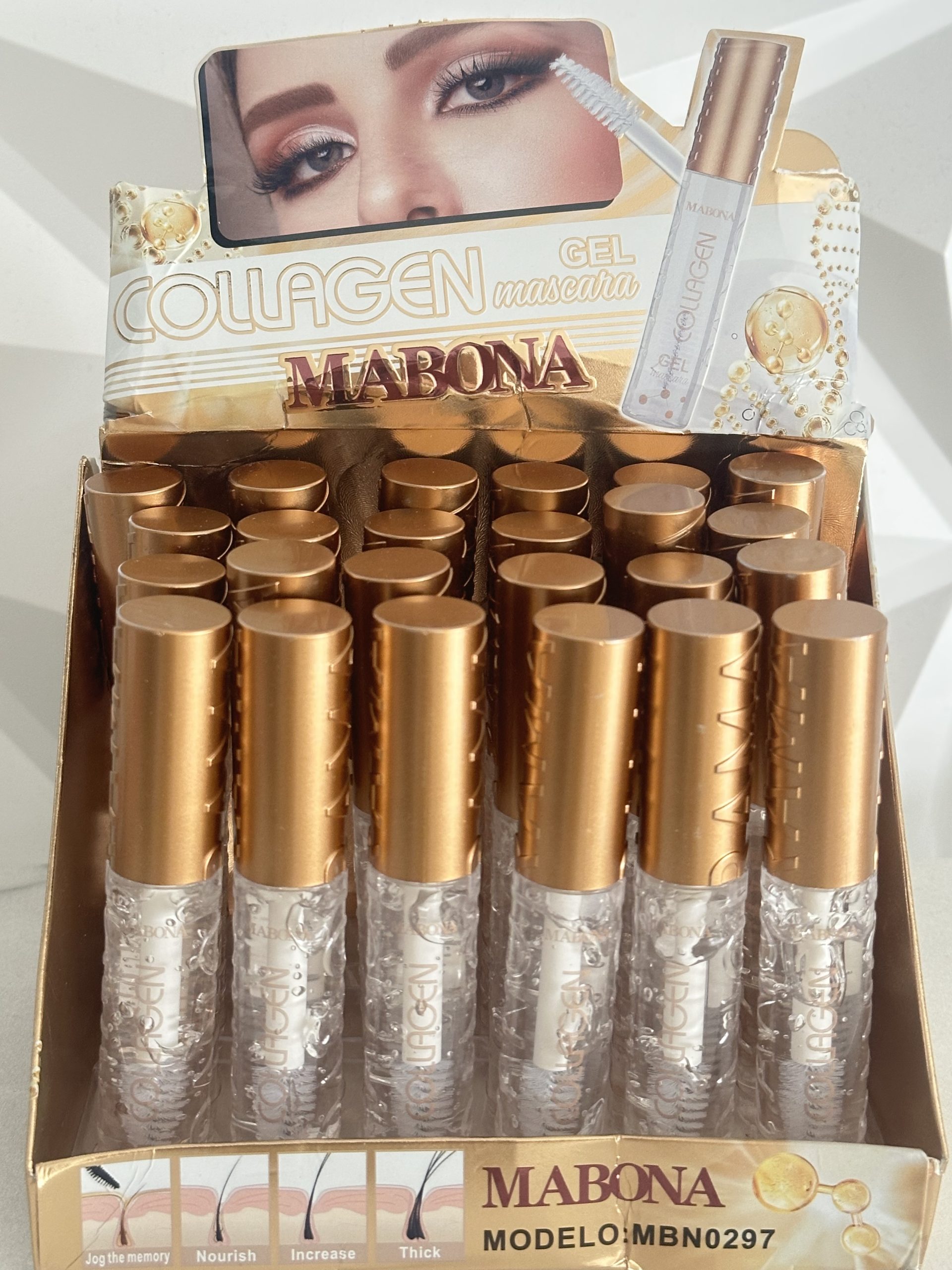 Caja con 24 Collagen Gel Máscara. Gel transparente para pestañas y cejas MABONA. Colageno y Ácido Hialuronico. Ayuda a peinar, fijar y dar una apariencia más definida y natural sin dejar color. - Imagen 3