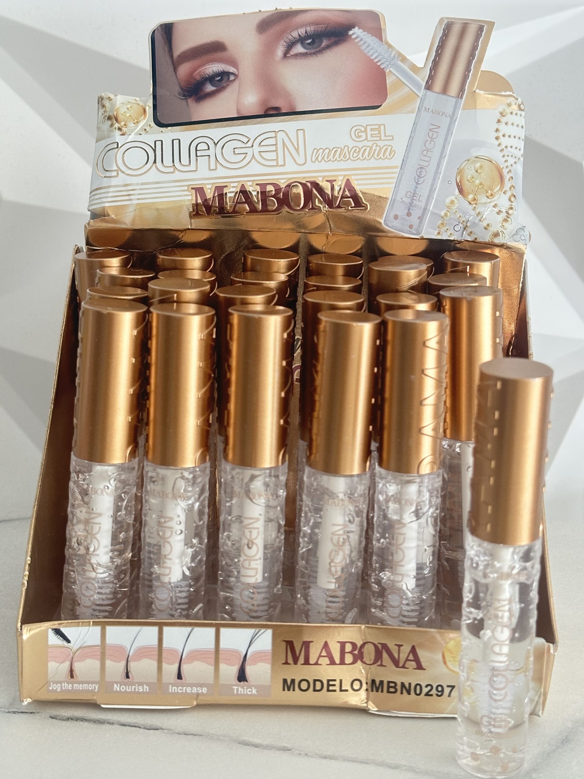 Caja con 24 Collagen Gel Máscara. Gel transparente para pestañas y cejas MABONA. Colageno y Ácido Hialuronico. Ayuda a peinar, fijar y dar una apariencia más definida y natural sin dejar color.