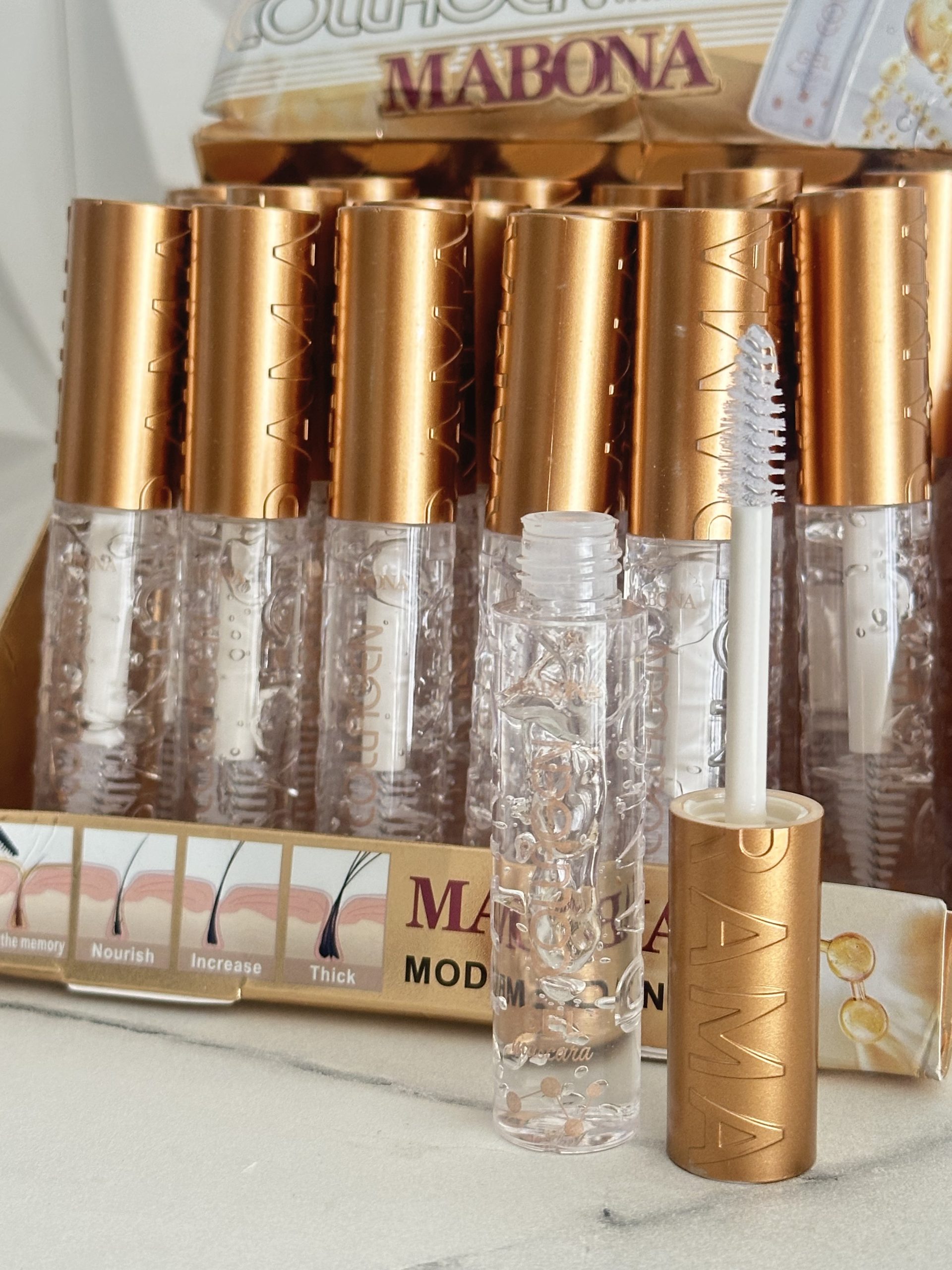 Collagen Gel Máscara. Gel transparente para pestañas y cejas MABONA. Colageno y Ácido Hialuronico. Ayuda a peinar, fijar y dar una apariencia más definida y natural sin dejar color.
