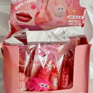 Caja con 12 Lip Balm, bálsamo labial con llavero de la marca HUXIABEAUTY, diseñado con un estilo muy llamativo, juvenil y tierno. Hidrata, Humecta, Suaviza y protege.