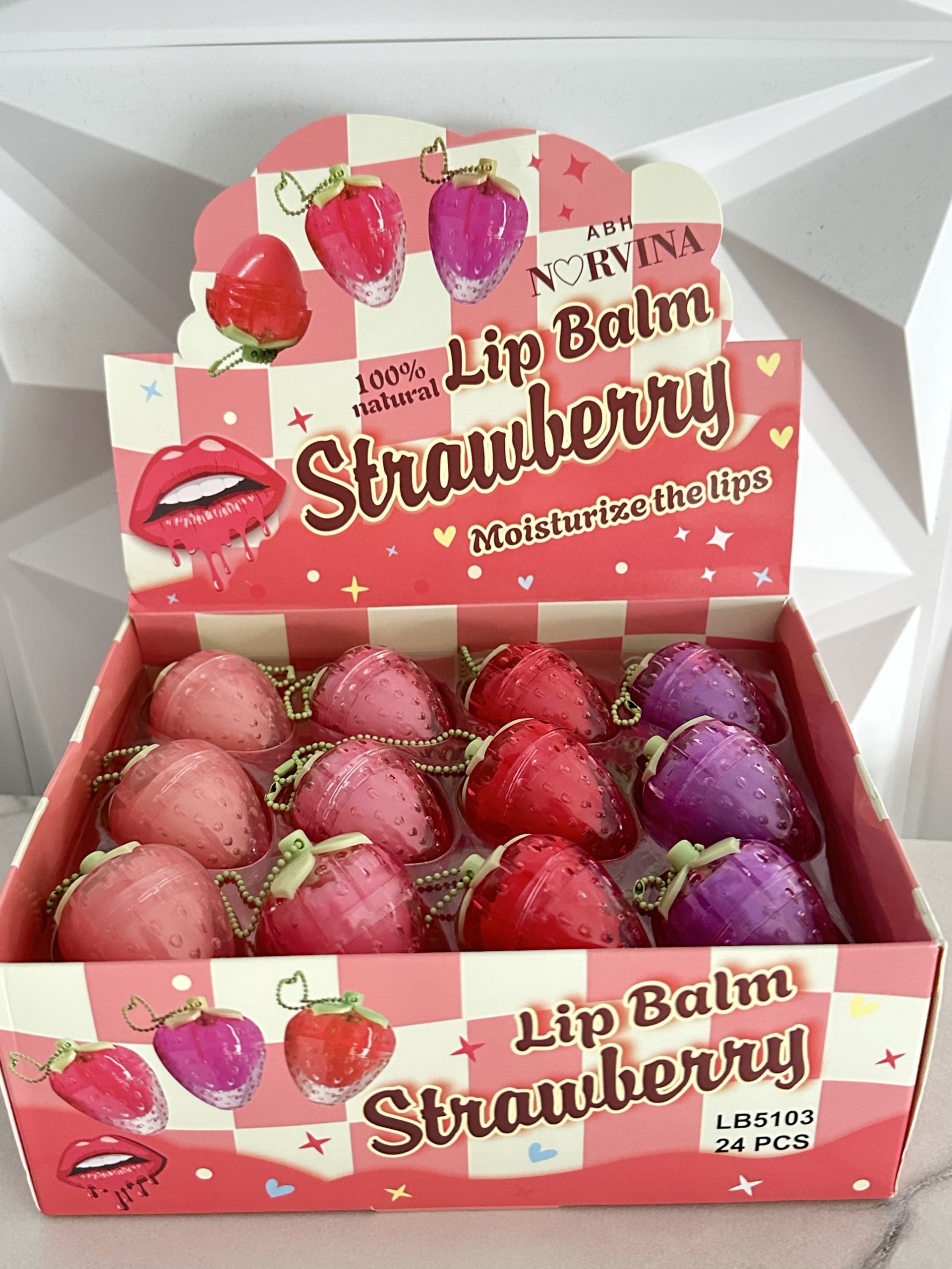 Caja con 24 Caja Bálsamo de Fresa Llavero Traslúcida Norvina