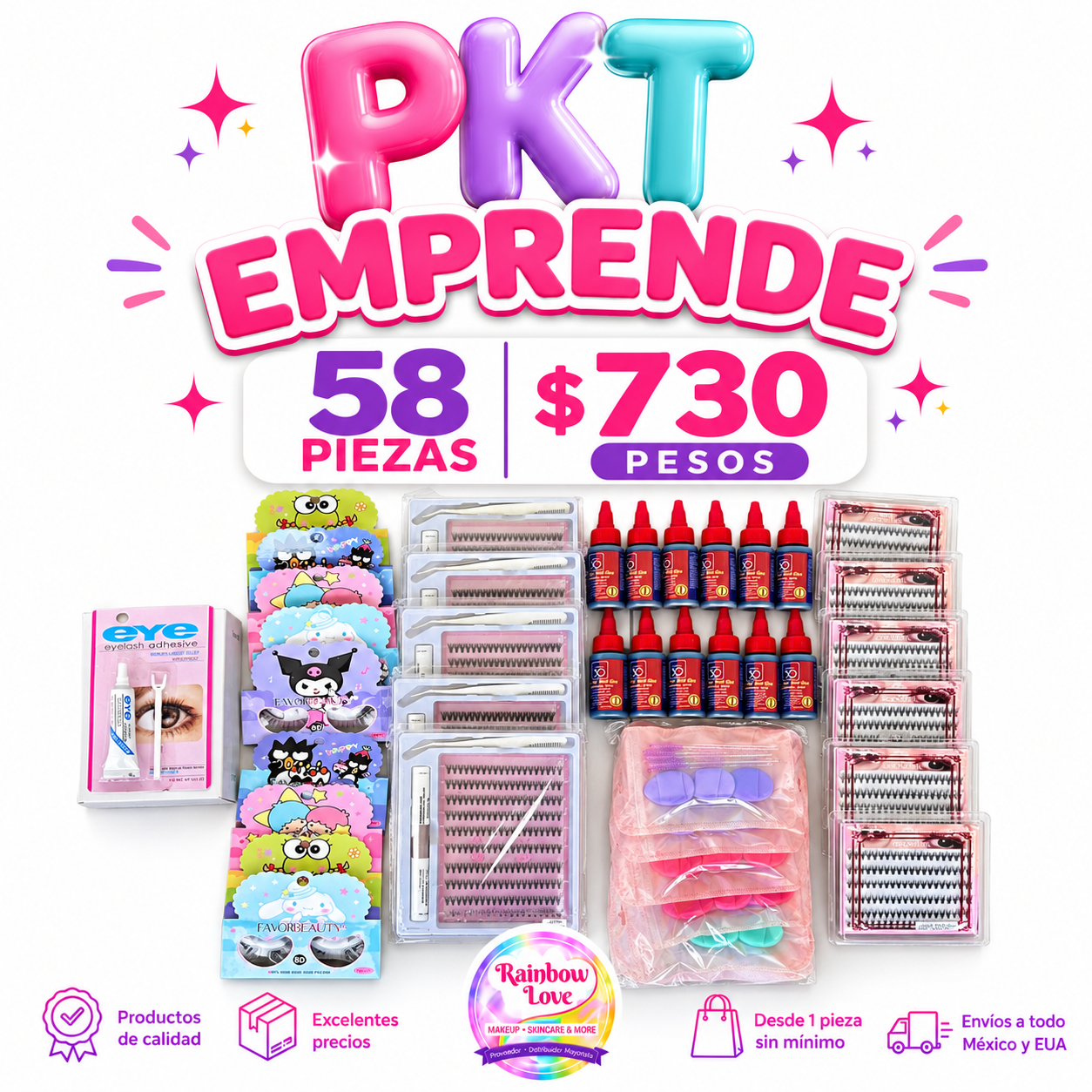 PKT EMPRENDE ✔️Docena de pegamento EYE pestañas ✔️Decena pestañas Mink 8D ✔️6 sets kit extensiones pestañas ✔️6 sets extensiones pestañas ✔️Docena súper pegamento profesional ✔️Docena Kit Cepillitos y almohadillas