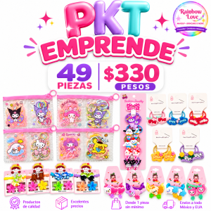 PKT EMPRENDE ✔️Decena ligas Love  ✔️Decena ligas Sanrio ✔️5 pares Ligas Kuromi ✔️Docena Cartoncitos Broches y Pinzas  ✔️Docena Bolsitas de Ligas Plásticas y de Tela Sanrio