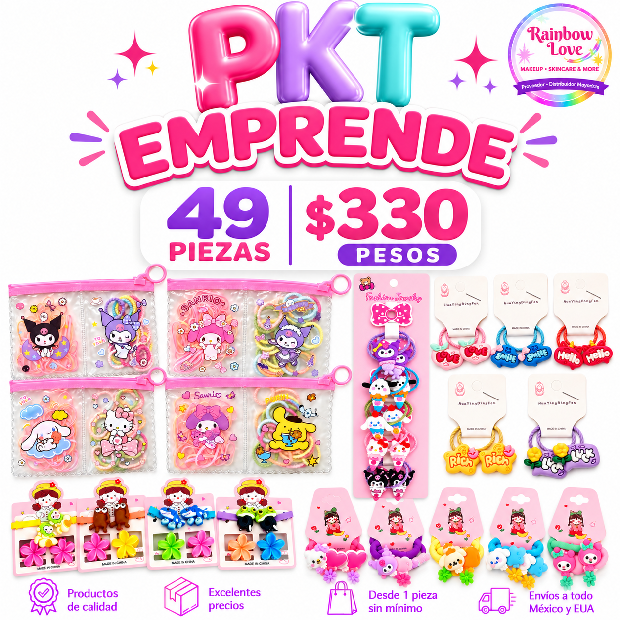 PKT EMPRENDE ✔️Decena ligas Love ✔️Decena ligas Sanrio ✔️5 pares Ligas Kuromi ✔️Docena Cartoncitos Broches y Pinzas ✔️Docena Bolsitas de Ligas Plásticas y de Tela Sanrio