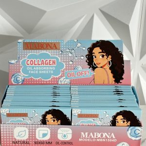 12 Cajitas con 100 Papelitos absorbentes de grasa facial con colágeno, ideales para retirar el exceso de brillo sin maltratar el maquillaje. MABONA