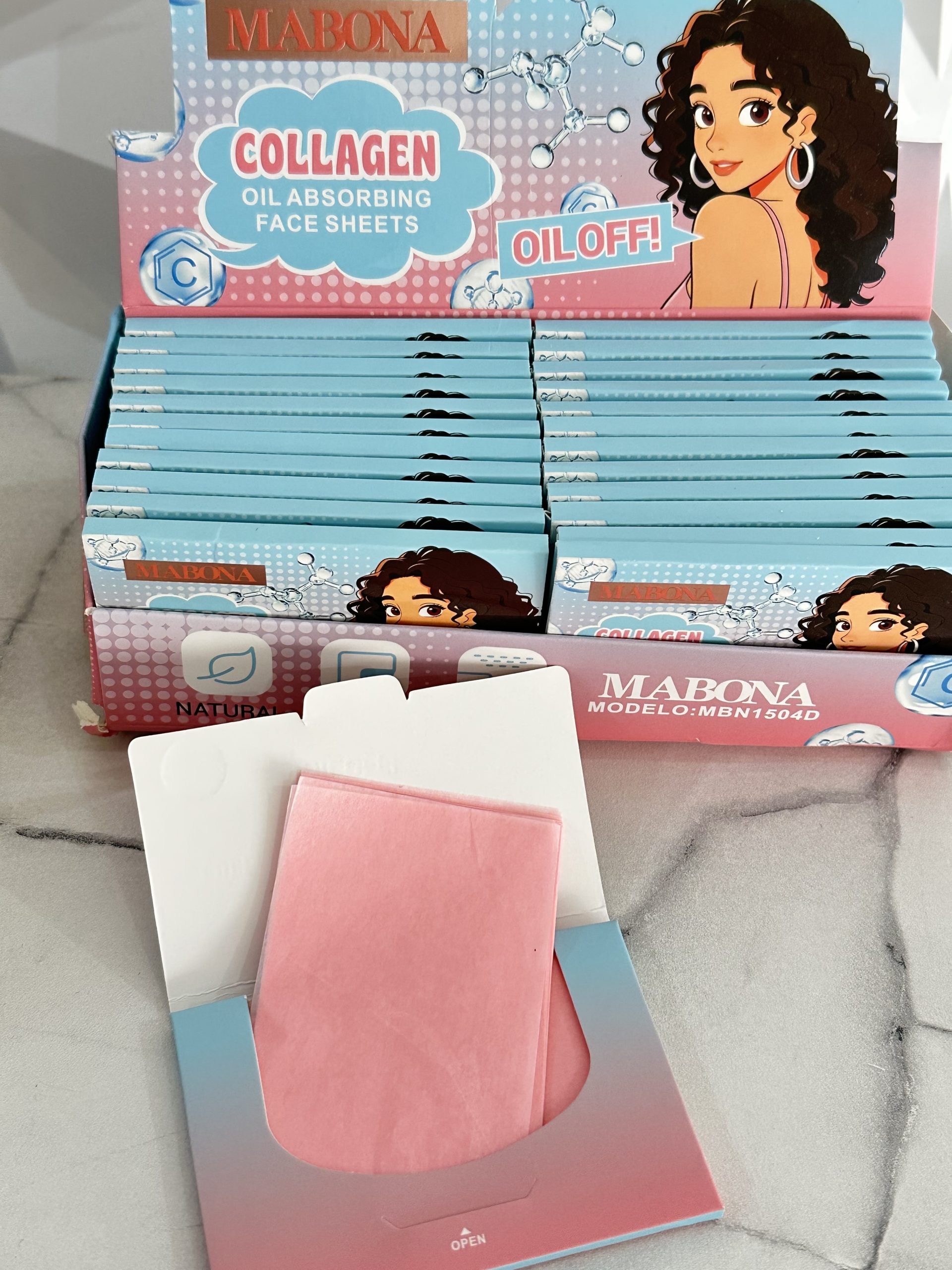 12 Cajitas con 100 Papelitos absorbentes de grasa facial con colágeno, ideales para retirar el exceso de brillo sin maltratar el maquillaje. MABONA - Imagen 3