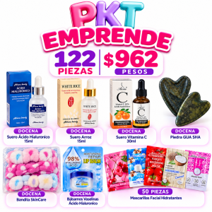 PKT EMPRENDE ✔️Docena Suero Ácido Hialuronico 15ml ✔️Docena Suero Arroz 15ml ✔️Docena Suero Vitamina C 30ml ✔️Docena Piedra GUA SHA ✔️Docena Bandita SkinCare ✔️Docena Bálsamos Vaseinas Ácido Hialuronico ✔️50 piezas Mascarillas Facial de Tela Hidratantes